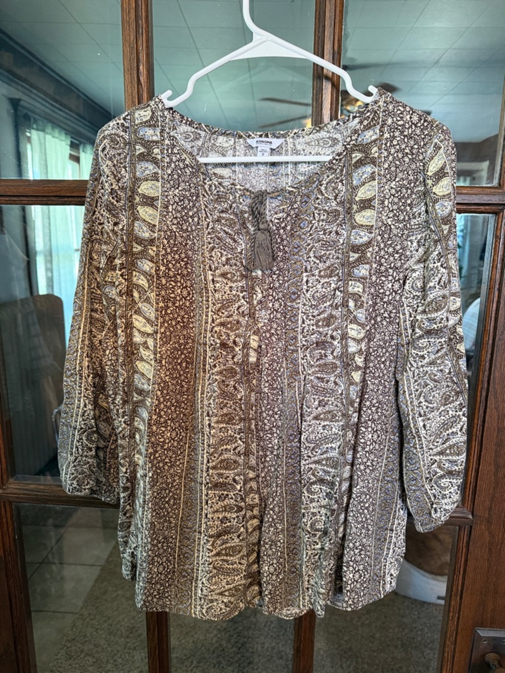 Sonoma Goods For Life Women Brown Paisley Tassel Tie 3/4 Sleeve Peasant Blouse S